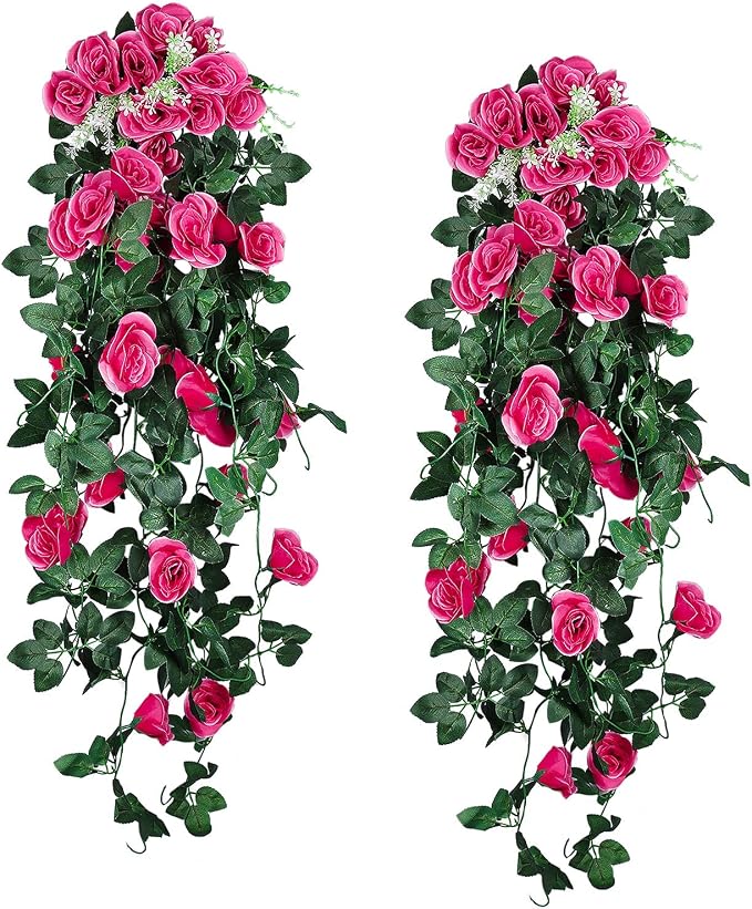 RECUTMS 4PCS Artificial Hanging Rose Flower, 37 Inch Fake Rose Red Silk Floral Ivy Plants for Home Room Garden Front Porch Wedding Arch Labor Day Summer Break Party Indoor Outdoor Greenery Decoration