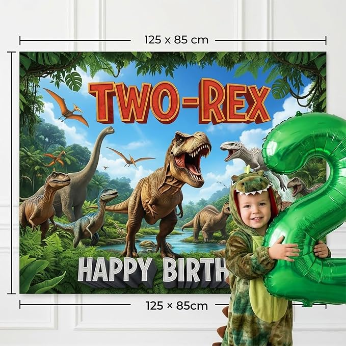 Dinosaur Two-Rex Birthday Decorations include Hunter Green Brown Gold balloon arch & small Dino Foil balloons & backdrop & footprint stickers for Kids Boys Jungle Safari Dino 2rd Party Supplies