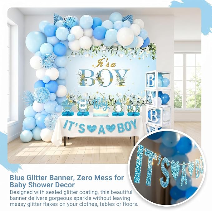 Baby Boy Shower Decorations, 107Pcs All-in-One Blue Themed Set for Baby Party, Pregnancy Gender Announcement, Easy to Assemble, It's a Boy Baby Shower Decorations
