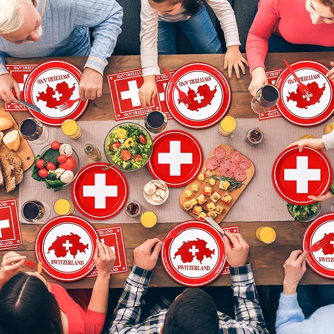 96pcs Switzerland Party Supplies Tableware Set Swiss Flag Party Paper Plates and Napkins Swiss National Day Decoration Suitable for Cultural Festivals Global Travel Parties, Serve 24