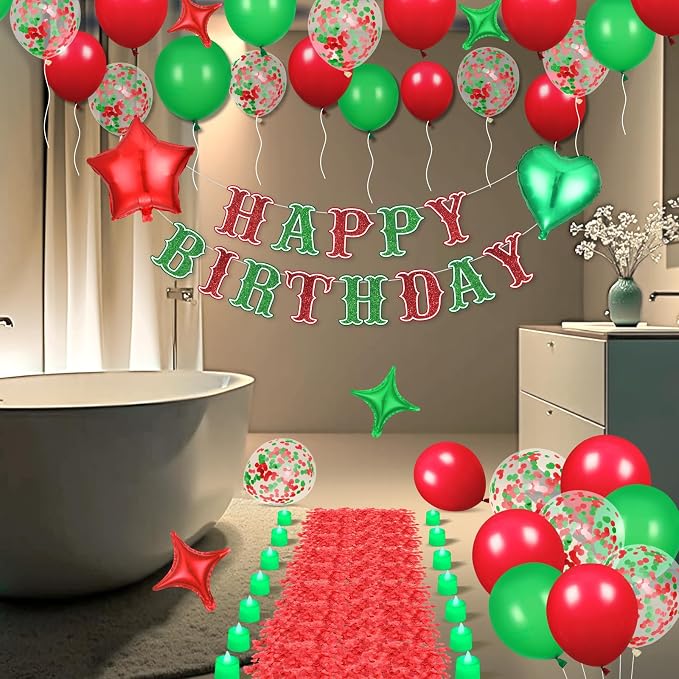 Red Green Happy Birthday Balloons Decorations Christmas Birthday Balloon Letters Banner with 6 Pcs Star Balloons Artificial Rose Petal 24 Flameless LED Candles for Room Hotel Party Supplies