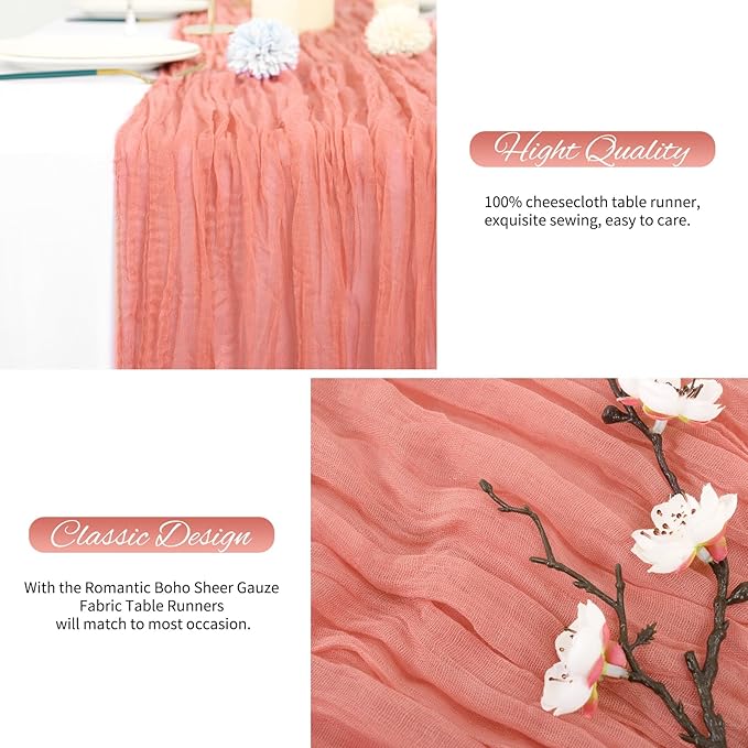 20 Pack Coral Cheesecloth Table Runner 120 Inch 10FT Rustic Boho Gauze Cheese Cloth Table Runner for Wedding Party Baby Shower Thanksgiving Christmas Decoration