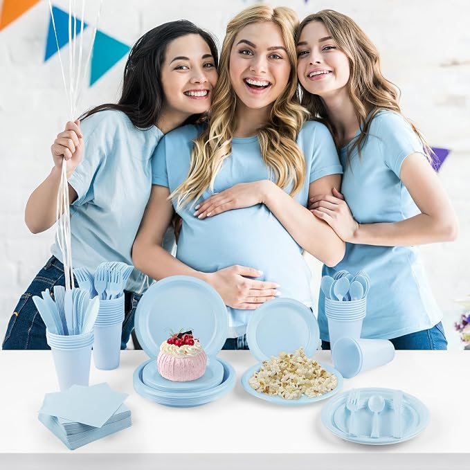 Kochorie 240 Pieces Light Blue Plastic Dinnerware Set Disposable Heavy Duty Plates Napkins Cups Silverware Dessert Dinner Plates for Birthday Wedding Baby Shower Party Supplies, Serves 30 Guests