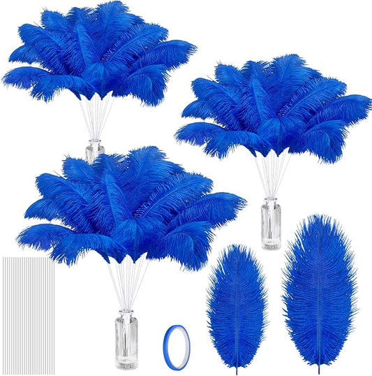 Tigeen 100 Set Ostrich Feathers Bulk 12-14 Inch,10-12 Inch 100 Natural Feathers for Vase with 100 Sticks and Tape Making Kit for DIY Wedding Floral Arrangement Party Centerpiece Decor(Royal Blue)