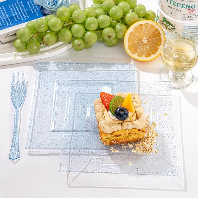 DaYammi 200 Pcs Blue Glitter Dessert Plates Including 100Pcs Appetizer Plates,100Pcs Plastic Forks,Blue Plastic Square Plate for Party,blue Disposable plates and Cake forks for Birthday Party Wedding