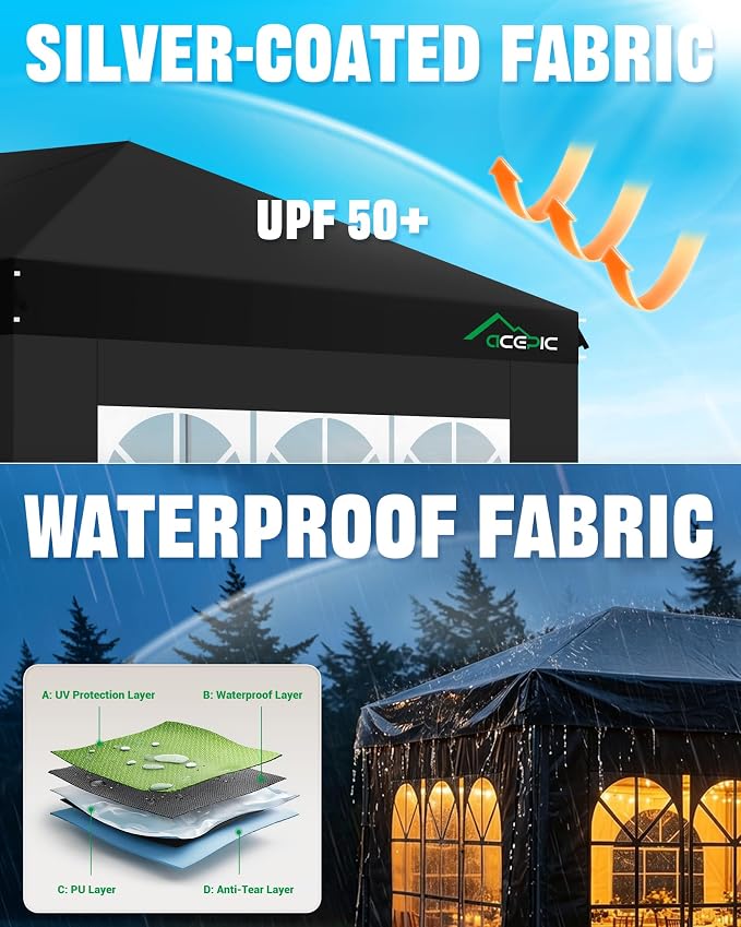 Acepic 10x20 Pop Up Canopy with 6 Removable Sidewalls, 2 Central Lock Easy Set-up Outdoor Party Tent, Commercial Tent, Hand Bag x1, Sandbags x4, Stakes x12, Ropes x6 (Black, 10 * 20)