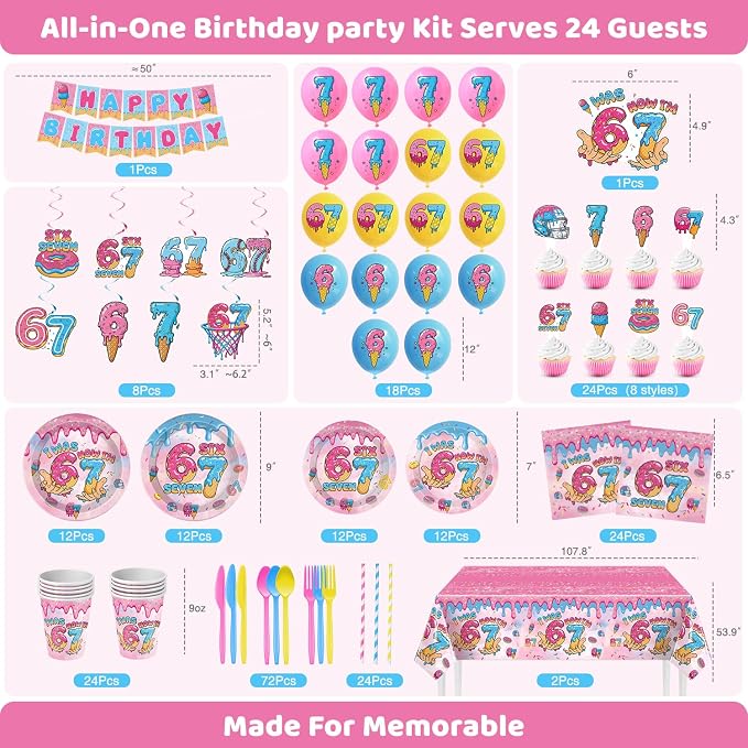 244 PCS Hand-Drawn 6 7 Birthday Decorations for 24 Guests, I Was 6 Now I'm 7 Birthday Party Supplies Set with Plates, Cups, Napkins, Banner & Balloons, Donut Ice Cream Birthday Decorations for Kids