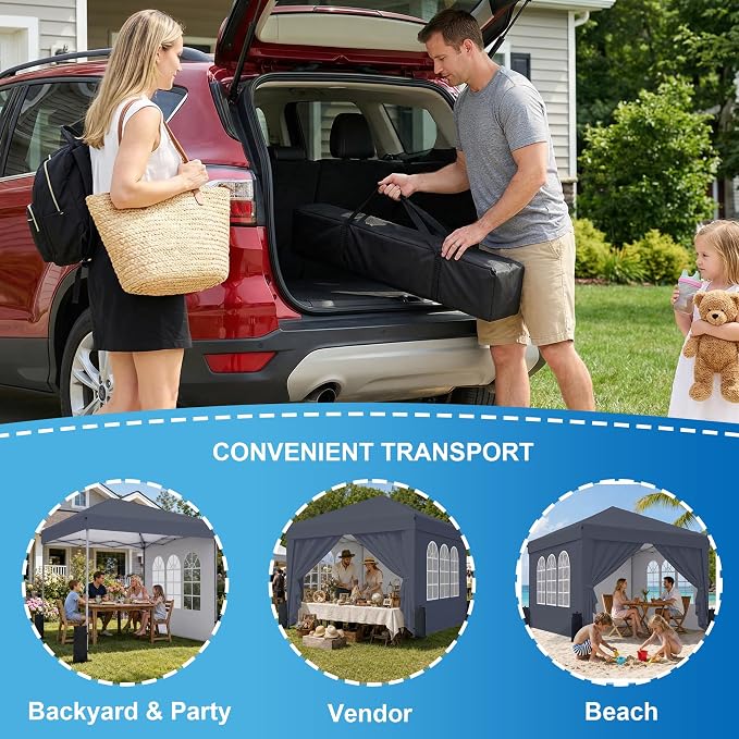 SANWAY 10x10 Pop Up Canopy with Sidewalls, Easy Setup Instant Canopy Tent, Portable with Carry Bag for Outdoor Events, Camping, and Backyard Parties – Dark Gray