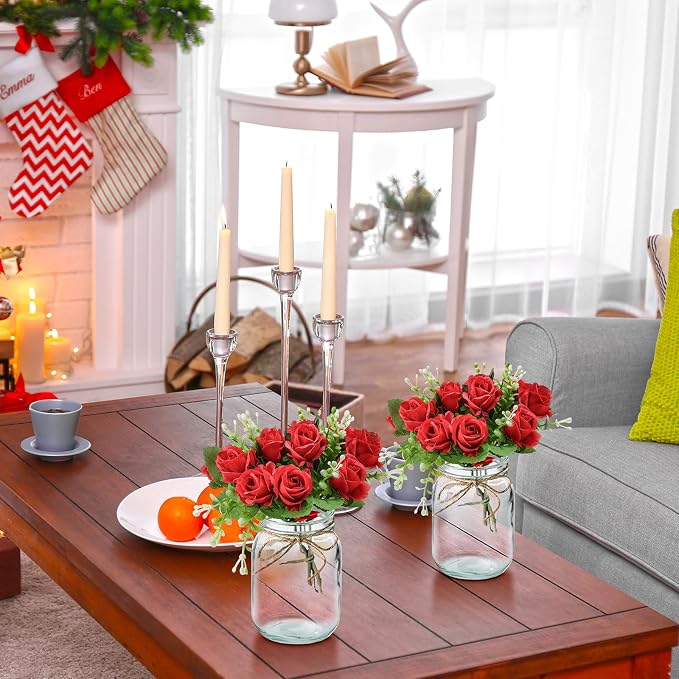 XunYee 10 Set Mason Jar Table Centerpiece with Flower Mason Jar Flower Centerpiece Vases Decor for Engagement Party Bridal Shower Wedding Reception Table Decor(Red,Red Rose)