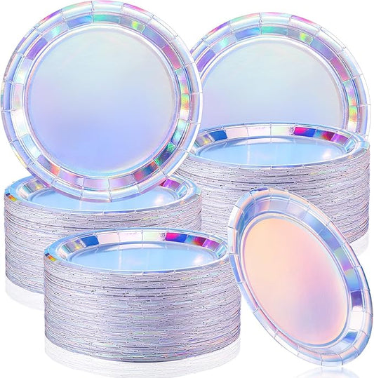 Tanlade 200 Pcs Iridescent Paper Plates 9 Inch Round Disposable Dessert Plates Dinner Appetizer Plates for Cake Salad Pizza Birthday Wedding Decoration Iridescent Party Supplies