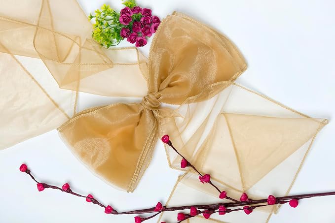 MDS® Pack of 150 Organza Chair Sashes for Wedding Decoration, Reusable Sheer Chair Bows for Banquet Chair Cover, Reception, Bridal Shower, Baby Shower, Birthday Party & Special Events - Champagne Gold