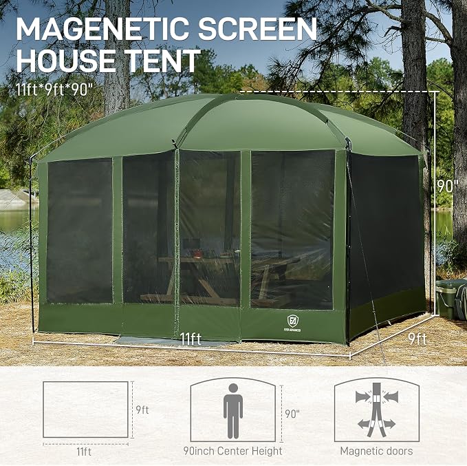 EVER ADVANCED Magnetic Screen House Room 11x9ft, Hands-Free Entry,Screenhouse with Sun Protection for Camping&Picnic, 11x9ftCamping Tent Canopy Shelter with Mesh, Green