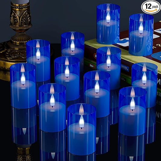 VIODAIM 12Pack Flickering Flameless LED Candles with Timer, Battery Powered - Small Pillar & Votive, Acrylic Made, Blue (2"X3")