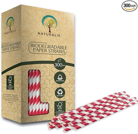 Naturalik 300 Pack Extra Durable Red Paper Straws Biodegradable- Heavy Duty Eco-Friendly Paper Straws Bulk- Drinking Straws for Juices, Restaurants and Party supplies, 7.7" (Red, 300ct)
