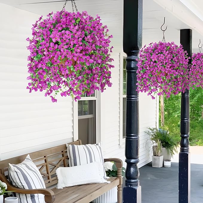 INXUGAO Artificial Hanging Flowers Plants with Basket for Outdoors, Realistic Faux Silk Daisy Flower Eucalyptus for Spring Decor, UV Resistant Fake Plants for Porch Patio Yard Balcony, Purple