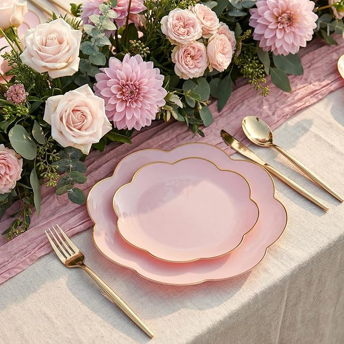 supernal 60pcs Pink Scalloped Plastic Plates with Gold Rim,Heavy Duty Plastic Disposable Plates Includes:30 Dinner and 30 Dessert Plate Perfect for Wedding, Bridal Shower, Mother's Day&Parties