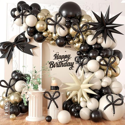 Black and White Balloon Arch Kit, Black Sand White Bow Balloons Graland Kit with Metalic Gold Star Balloons for Wedding Baby Shower Gender Reveal Graduation Birthday Decorations