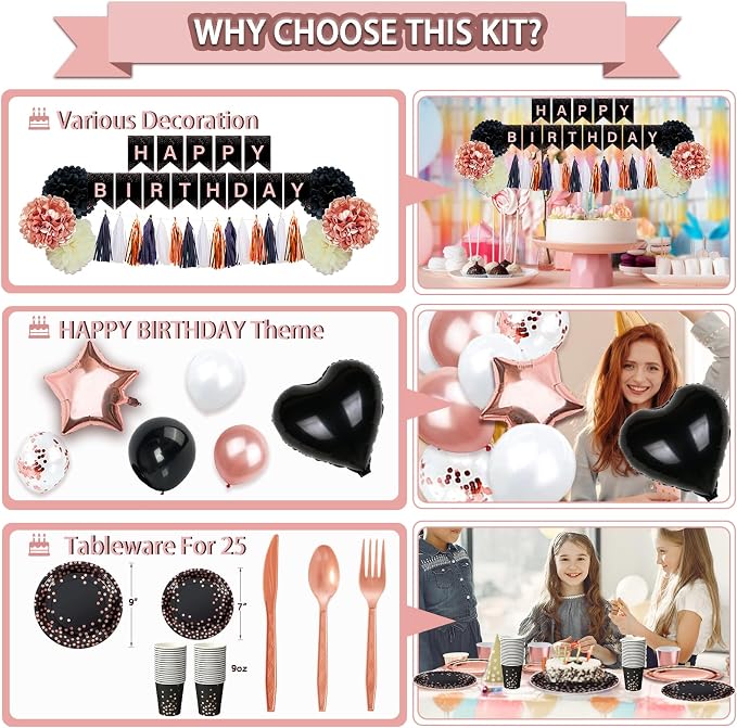 Guudmua 295 Pcs Black And Rose Gold Birthday Decorations, Birthday Decorations for Women or Girl Kit- Disposable Dinnerware Set with 25 Guest, Balloons, Sash, Tiara, Banner, Paper Pom Poms