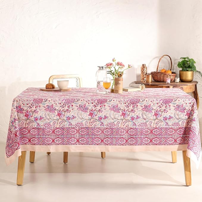 Hand Block Printed Tablecloth, Colorful Floral Print, Indian Artisan Handmade Art, Dining Room, Kitchen, Outdoor Décor, (Rose Tangerine Grace, 12 Seater 72 x 135 Inches Rectangle)