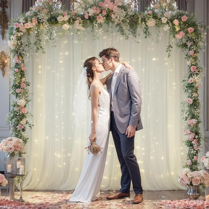20x10ft Ivory Tulle Backdrop Curtain with Lights String for Parites, Sheer Backdrop Curtains for Wedding Baby Shower Birthday Party Photo Shoot Decorations