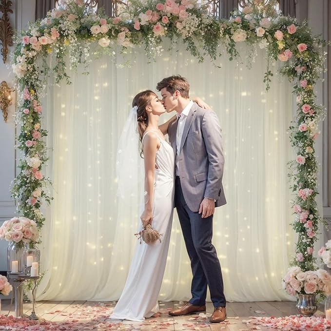20x8ft Ivory Tulle Backdrop Curtain with Lights String for Parites, Sheer Photo Backdrop Curtains with Lights for Wedding Backdrop Ceremony Reception Bridal Shower Baby Shower Birthday Party