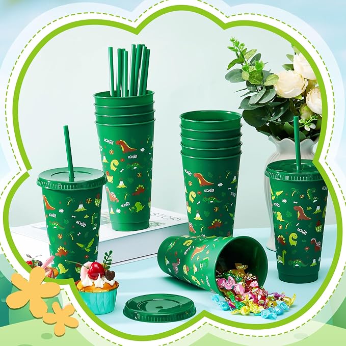 Uiifan 12 Pcs Plastic Dinosaur Cups for Kids 24oz Reusable Dino Tumbler with Lid and Straw Dino Party Favors Drinking Cups for Kids Boy Baby Shower Birthday Supplies Dinosaur Gifts