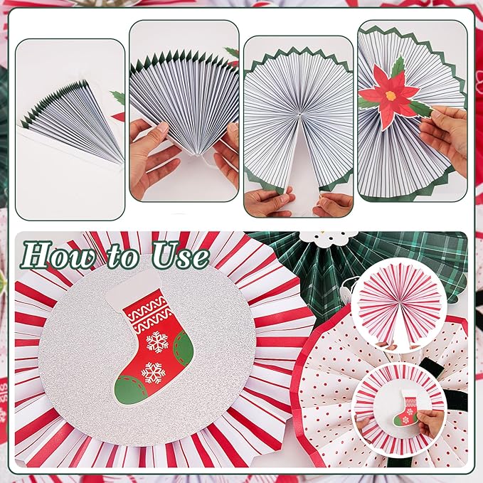 SUNBEAUTY Christmas Party Decorations Hanging Paper Fans Christmas Classroom Decorations Red Green White Paper Fans with Candy Bow for Xmas Holiday Ceilings Wall Decor Winter New Year Party Supplies