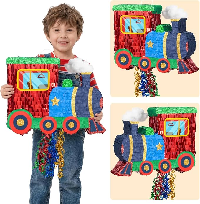 WERNNSAI Train Piñata - Train Themed Piñata with Pull String, Stick and Blindfold, for Birthday Decorations Party Supplies Carnivals Games Supplies (16.5"x12.4"x3")