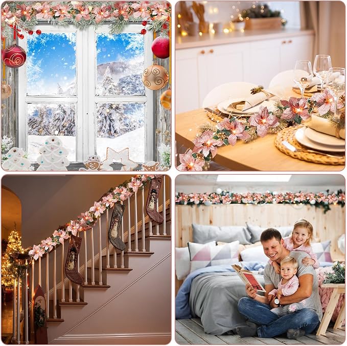 Zubebe 2 Pcs Prelit Poinsettia Christmas Garland with String Lights Glitter Holly Leaves Berries Remote Timer 8 Modes 6.5 ft Lighted Flower Garland Battery Operated Indoor Outdoor Decor(Rose Gold)
