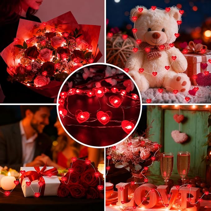 AIKEI 2 Pack Valentines LED Fairy Lights Battery Operated, Red Heart String Lights Waterproof 7 Feet 20 Led Firefly Starry Lighting for Wedding Party Bedroom Table Valentine's Day Decoration