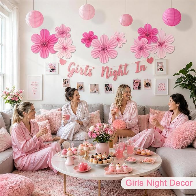 Pink Party Decorations, 18Pcs Hot Pink Paper Lanterns & Flower Fans Set | 8"-14" layered hanging decor for girls birthdays, bridal showers, baby showers, weddings, and girls night parties