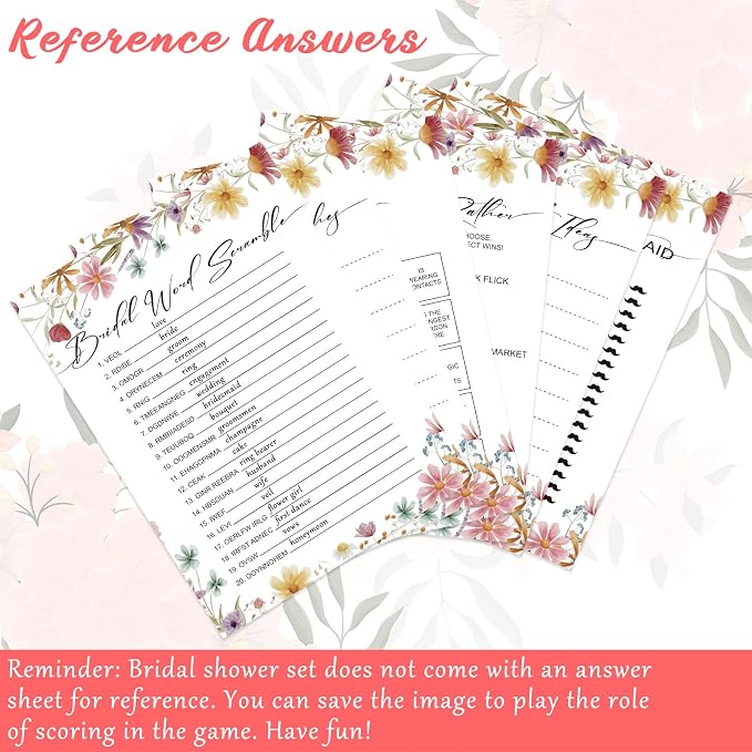 Silipull Bridal Shower Games Set for 50 Guests Includes Bingo, He Said She Said, Scramble, Would She Rather, Advice and Wishes Wedding Games Double Sided with Wooden Box, 20 Pencils(Wildflowers)