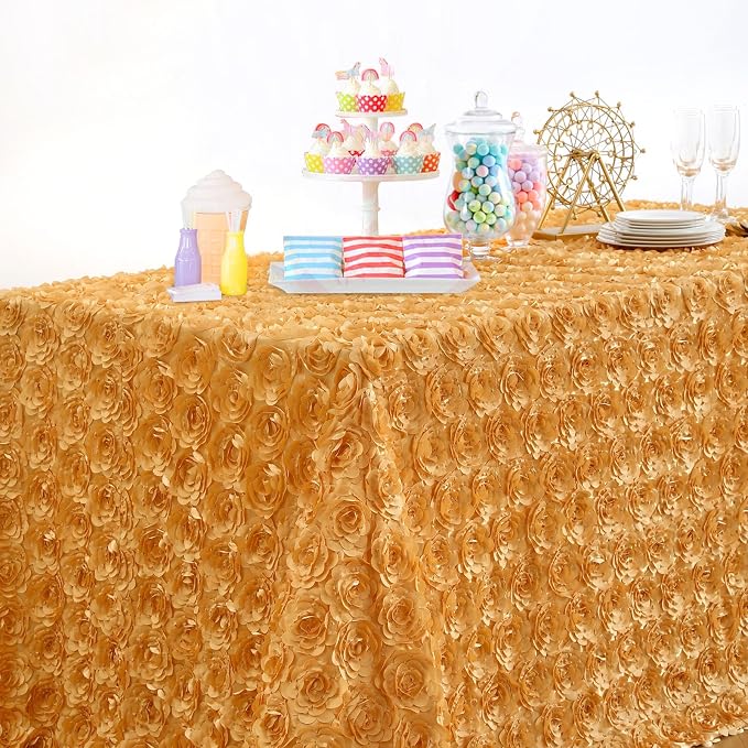 B-COOL Gold Rosette Tablecloth 3D Satin 60x102 Inch Rectangle Flower Table Cloths Overlay for Wedding Birthday Anniversary Party Outdoor Ceremony Floral Table Decorations