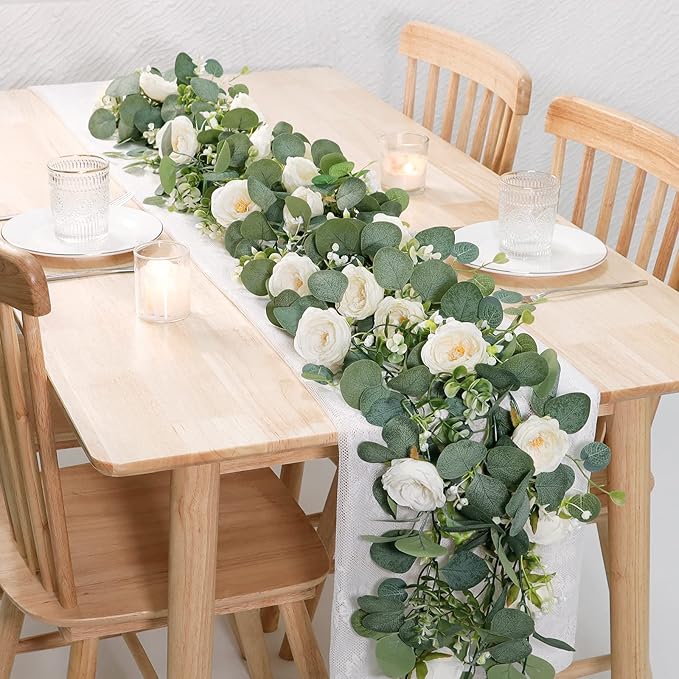 TOCHGREEN 2 Pack 13Ft Artificial Eucalyptus Flower Garland with White Roses, Fake Rose Flower Greenery Garland Floral Vines for Wedding Home Party Table Runner Decor (2PCS, White)