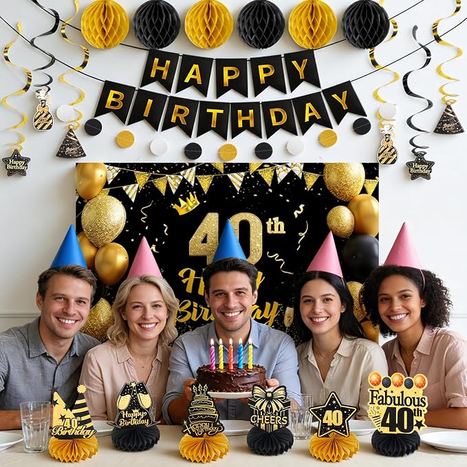 Happy 40th Birthday Party Decoration: Including Birthday Banner Backdrop, Party Table Centerpieces and Hanging Swirl Party Streamers, Birthday Decor for Men and Women (Gold/Black, 40th Birthday)