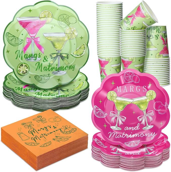 Newtay 250 Pcs Margs and Matrimony Bachelorette Party Decorations Margarita Disposable Plates and Napkins Margarita Tableware Dinnerware for 50 Guests Paper Plates for Wedding Bridal Shower Supplies