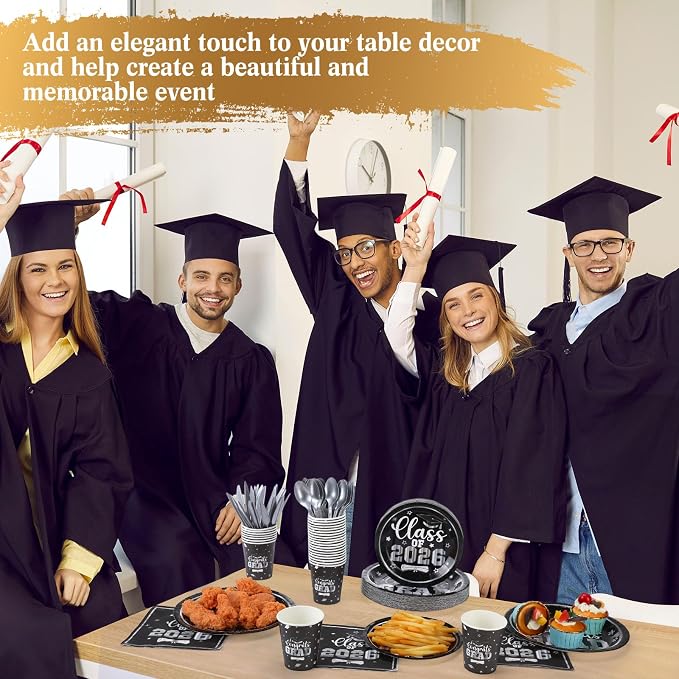 Funnymoom 400 Pcs Graduation Party Supplies Class of 2026 Graduation Paper Plate Napkin Cup Cutlery Congrats Grad Disposable Tableware Set for Grad Party Decorations, Serve 50(Black)