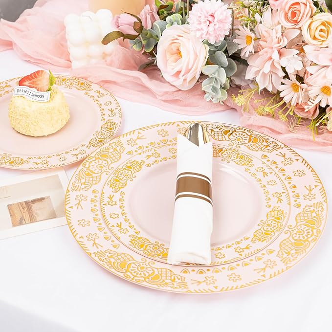 GATHER 350PCS Pink and Gold Plastic Plates - Gold Disposable Dinnerware Set Include 50 Dinner Plates, 50 Dessert Plates, 150 Plastic Silverware, 50 Napkins, 50 Cups for Wedding & Mother's Day