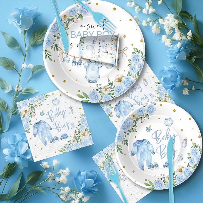 Srua Don Baby Boy Baby Shower Decorations, Blue Floral Sweet Baby Boy Party Supplies, Plate, Napkin, Cup, Tablecloth, Banner, Swirls, Cutlery, Boy Gender Reveal Table Decorations, Serves 24