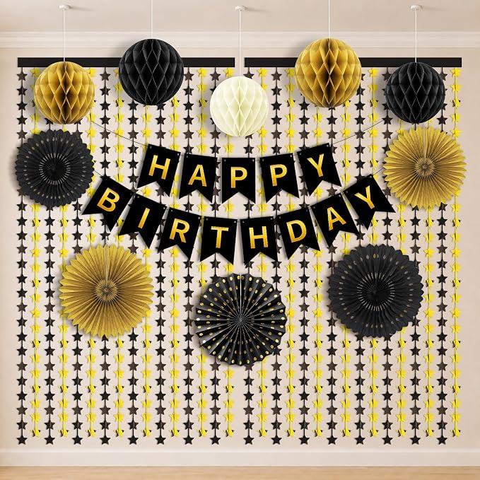 Black and Gold Party Decorations, 13Pcs Hanging Paper Fans Star Foil Curtains Happy Birthday Banner & Honeycomb Balls for Graduation Decorations 2026 and Birthday Party Supplies