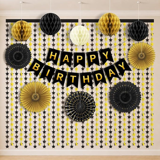Black and Gold Party Decorations, 13Pcs Hanging Paper Fans Star Foil Curtains Happy Birthday Banner & Honeycomb Balls for Graduation Decorations 2026 and Birthday Party Supplies