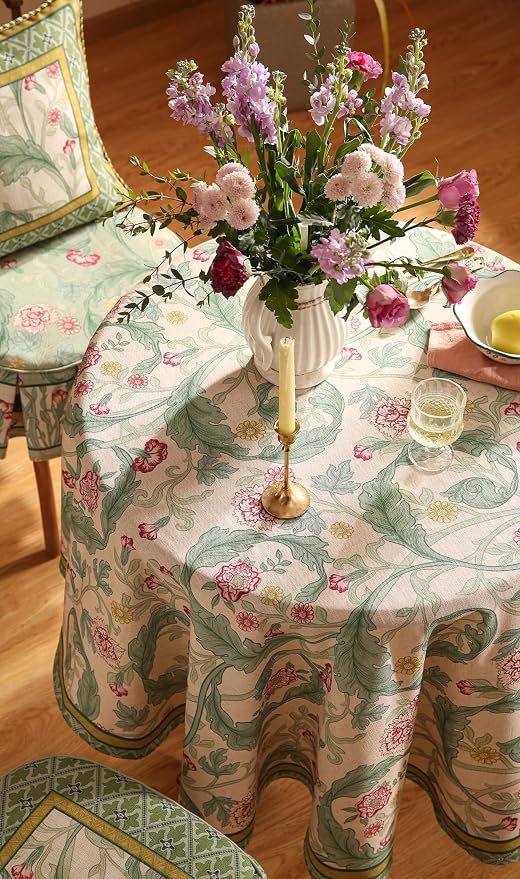 patdrea Vintage French Linen Tablecloth,Round,Diameter 67"-Cecilia A | Colorful Elegant Table Cloth for Round Table,Floral Vine Patterned,for Dining Room Tea Party Thanksgiving