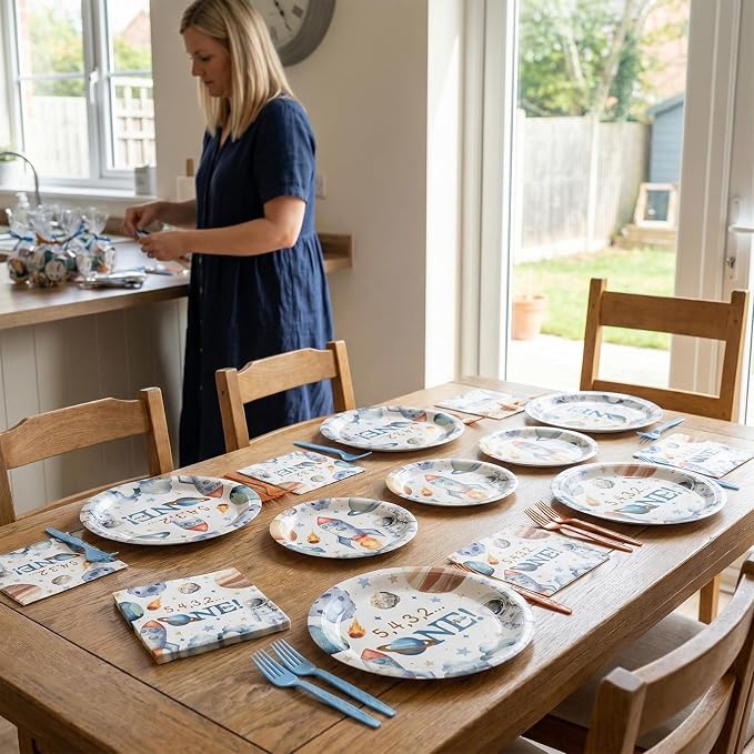 96Pcs 1st Space Birthday Party Supplies Space Planet Paper Plates Napkins and Forks Astronaut Celebration Birthday Party Decorations Solar System Dinnerware Favor for Men or Women Tableware Serves 24