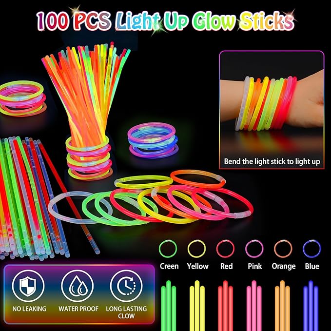 156 PCS Glow in the Dark Valentines Day Party Supplies, 12 Light Up Pop Tubes, 12 LED Glasses, 12 Light Up Headband, 20 Finger Lights and 100 Glow Sticks, Neon Party Favors for Glow Party, Birthday