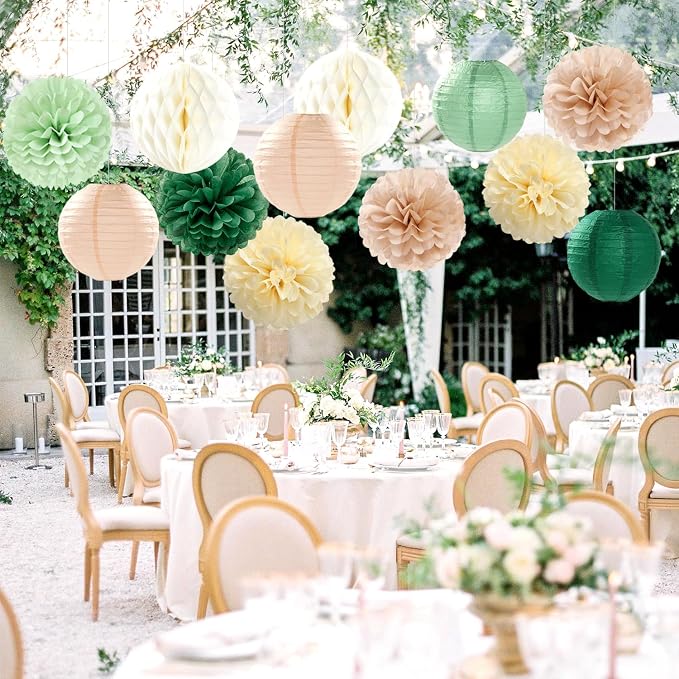 Sage-Olive Green Party-Decorations Paper-Flowers Lanterns - 15PCS Safari Boho Birthday Rustic Tissue Pom Poms Streamers, Baby Shower Neutral Garden Wedding Graduation Hanging Supplies Decor Hugfond