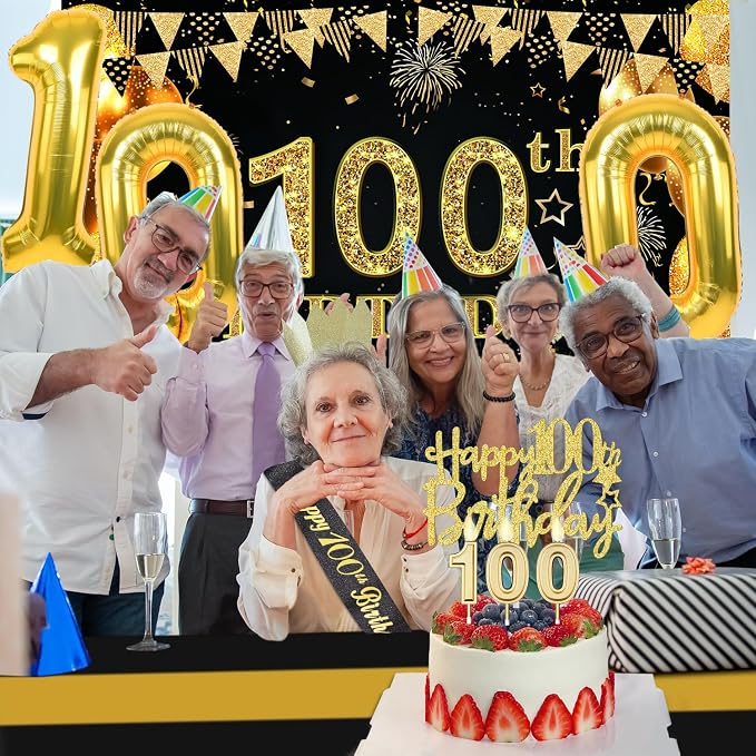 100th Birthday Decorations Men Women with 100th Birthday Banner, Black and Gold Table Cloth, Number Balloons, Large Sash,Cake Topper and Candles