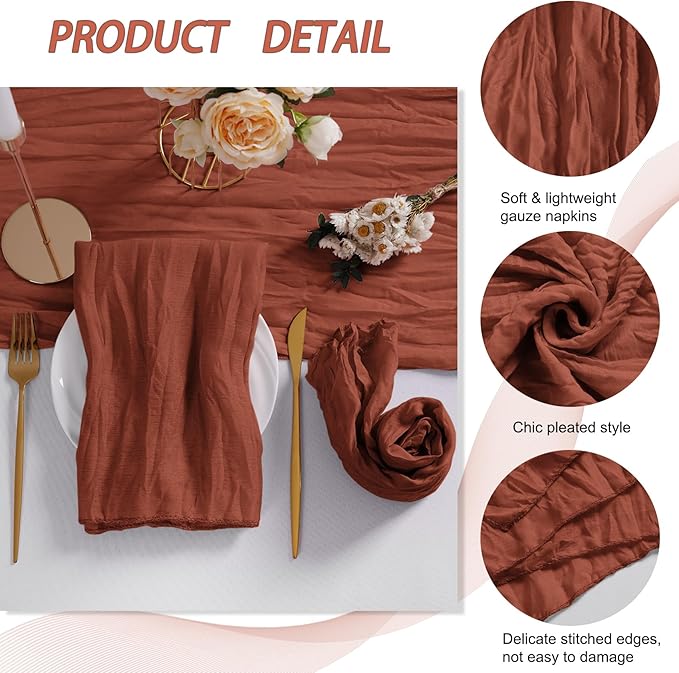 LZY 60 Pack Gauze Cheesecloth Napkins 20x20 Inch Dinner Cloth Napkins, Soft Boho Table Napkins Rustic Wrinkled Cheese Cloth Napkins Bulk for Wedding Party Baby Shower Event Decor (Terracotta)