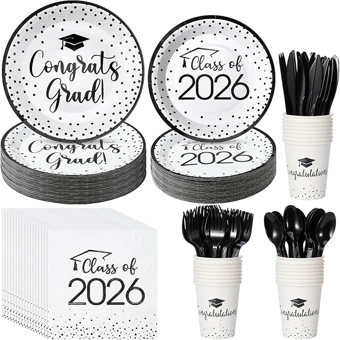 175pcs Class of 2026 Graduation Plates and Napkins Set, Disposable Paper Plate Set Polka Dots Napkin Cups Knife Fork Spoon for Graduation Party Decorations and Supplies,Serve 25 (White Black)