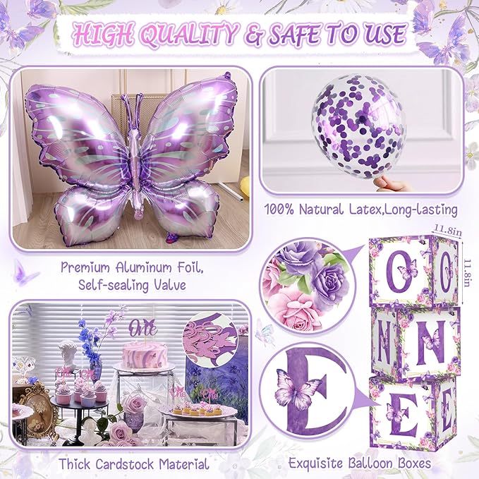 Butterfly First Birthday Decorations for Girl, 1st Birthday Decorations Girl Include Balloon Arch, Balloon Boxes, Highchair Banner, Photo Banner, Butterfly Banner, Cake Topper, Butterfly Stickers