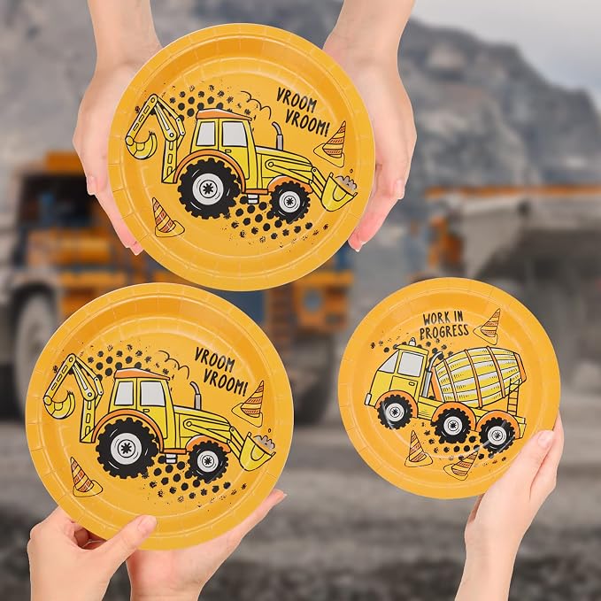 132 Pcs Construction Birthday Party Supplies, Construction Disposable Tableware Set Dump Truck Party Table Decorations for Birthday Party, 9'' and 7'' Plates, Napkins, Cups, Forks, Banner, Serves 24